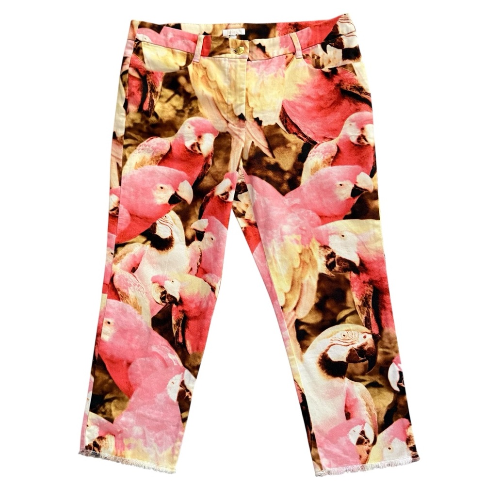 Escada Y2K Parrot Print Cropped Trousers Pink Tropical EU 40 US 8 Frayed Hem
